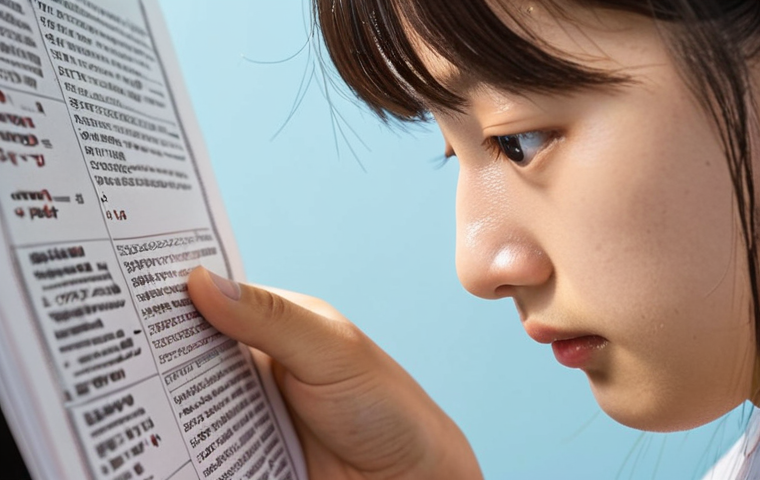 ** A close-up of a focused student carefully reading a TOPIK exam question. Emphasis on concentration, perhaps with light highlighting specific words in the question. Subtle hints of test anxiety (e.g., a slightly furrowed brow) balanced with a determined expression. Keywords: TOPIK exam, reading comprehension, focus, test preparation, Korean language.
**