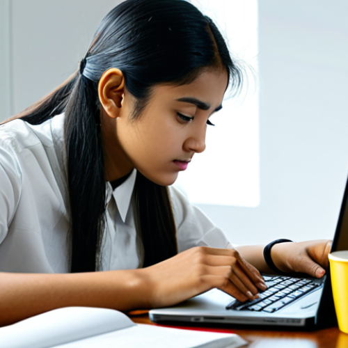 A focused young Indian woman, fully clothed in modest professional attire, is seated at a clean, modern study desk. She is deeply engrossed in studying a Korean language practice book for the TOPIK exam. On her laptop screen, a paused K-Drama is visible, subtly hinting at the cultural motivation for language learning. The room is well-lit and organized, with a few diverse reference books neatly stacked. The overall atmosphere conveys dedication and aspiration for career growth. perfect anatomy, correct proportions, natural pose, well-formed hands, proper finger count, safe for work, appropriate content, fully clothed, professional photography, high quality, realistic.