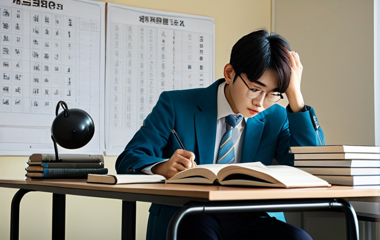 **
A professional student in a modest study room filled with Korean textbooks and notes, fully clothed, appropriate attire, safe for work, perfect anatomy, natural proportions, studying diligently at a desk. Add elements of a calm and focused atmosphere, professional photography, high quality.
**