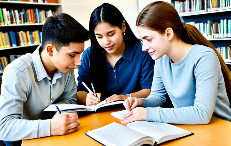 **
"A diverse group of students, fully clothed in casual and comfortable attire, studying together in a bright, modern library. They are collaborating on TOPIK practice tests, with books and study materials spread across the table. Safe for work, appropriate content, professional, modest, family-friendly, perfect anatomy, correct proportions, natural pose, well-formed hands, proper finger count, natural body proportions."
**