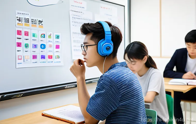 TOPIK 한국어 어휘 공부법 - **Prompt:** A diverse group of young adults, dressed in casual, modern clothing, are studying Korean...