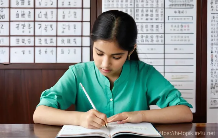 TOPIK 시험 기출문제 해설 강의 - **Prompt 1: Focused Study Session**
    A young Indian woman in her early twenties, with a serious b...