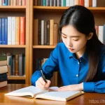 Home 16 TOPIK 쓰기 고득점 비법 - **Prompt:** A diligent young female student in her early twenties is focused on writing a TOPIK essa...