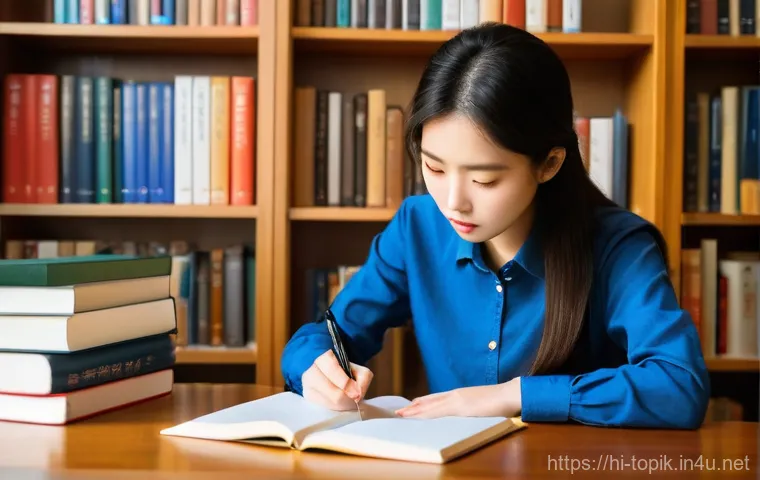 TOPIK 쓰기 고득점 비법 - **Prompt:** A diligent young female student in her early twenties is focused on writing a TOPIK essa...