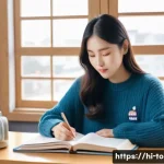 Home 14 TOPIK 초급 합격 전략 - **A focused young woman in her early twenties, with long, dark hair, is seated comfortably at a wood...
