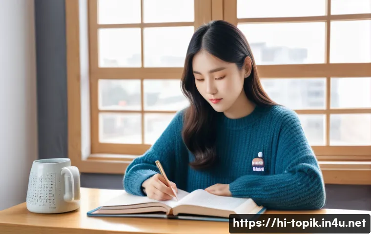 TOPIK 초급 합격 전략 - **A focused young woman in her early twenties, with long, dark hair, is seated comfortably at a wood...