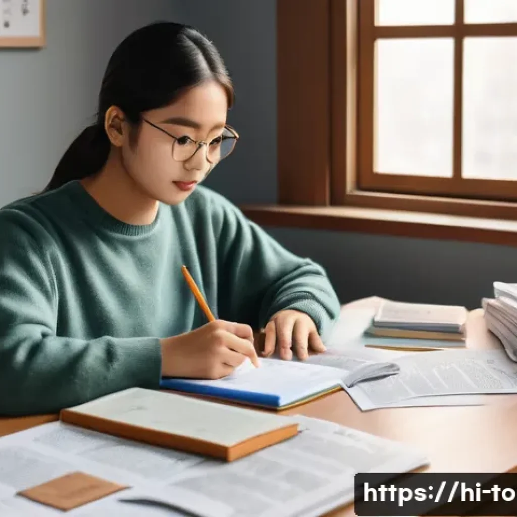 한국어능력시험 고득점 전략 - A detailed study environment scene featuring a Hindi-speaking student in their early 20s sitting at ...