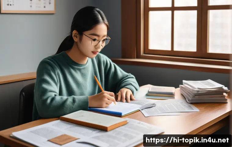 한국어능력시험 고득점 전략 - A detailed study environment scene featuring a Hindi-speaking student in their early 20s sitting at ...
