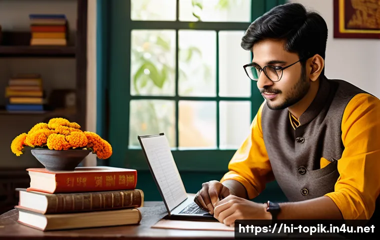 TOPIK 시험 공부 블로그 추천 - A detailed study scene featuring a young Indian man sitting at a wooden desk in a cozy, well-lit roo...