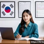TOPIK 자격증으로 이직 성공기 - A confident young Indian professional woman studying Korean language at home, surrounded by textbook...