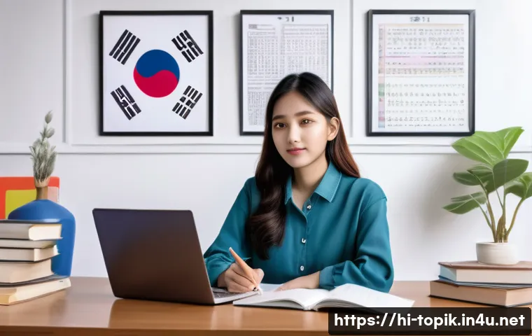 TOPIK 자격증으로 이직 성공기 - A confident young Indian professional woman studying Korean language at home, surrounded by textbook...