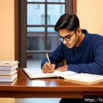 TOPIK 시험 관련 블로그 운영 방법 - A focused study scene showing a young Indian adult sitting at a wooden desk with neatly arranged TOP...