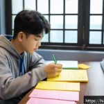 TOPIK 고급 필수 문법 - A detailed classroom scene focused on a Hindi-speaking student deeply studying Korean grammar books ...