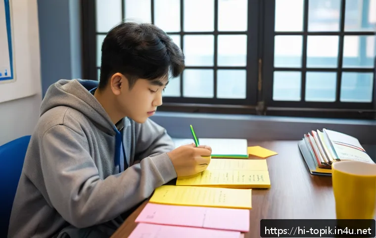 TOPIK 고급 필수 문법 - A detailed classroom scene focused on a Hindi-speaking student deeply studying Korean grammar books ...