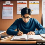 TOPIK으로 대학 입학 성공 사례 - A diligent Indian student studying Korean language at a cozy desk filled with TOPIK exam books, prin...