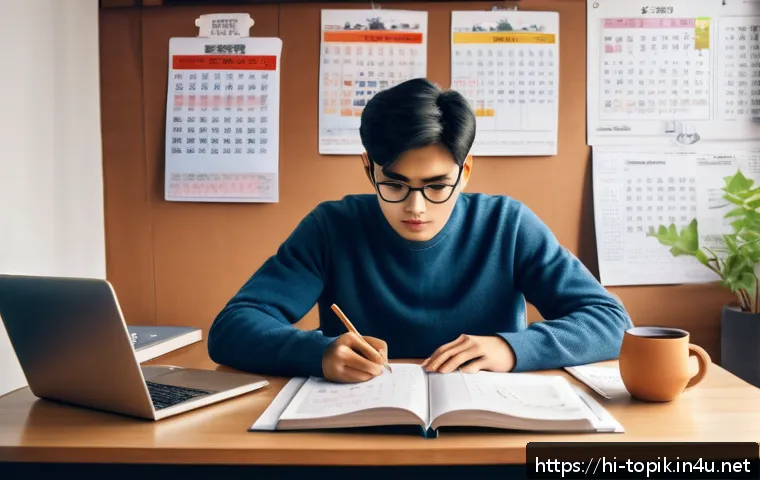 TOPIK으로 대학 입학 성공 사례 - A diligent Indian student studying Korean language at a cozy desk filled with TOPIK exam books, prin...