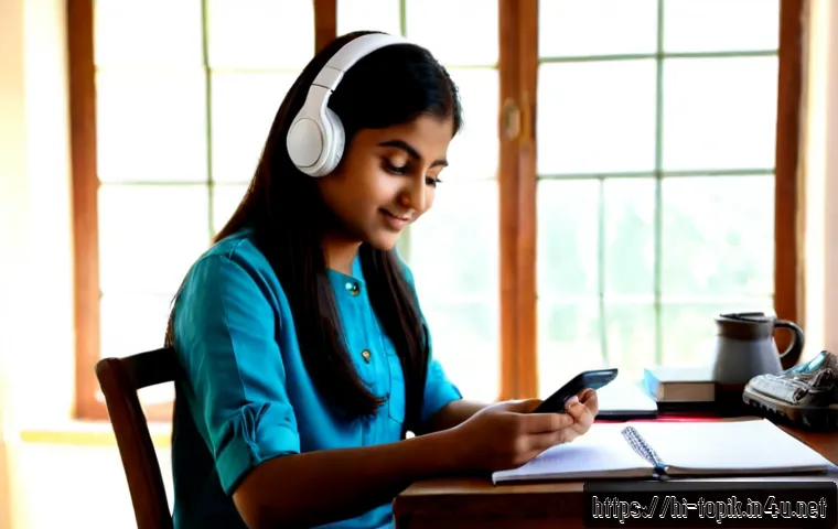 Home 15 TOPIK 듣기 고득점 사례 - Photorealistic study-success scene of a focused young Indian Hindi-speaking woman wearing modest cas...